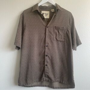 Vintage Silk Brown Geometric Print Button Up Shirt 100% Silk Mens Medium